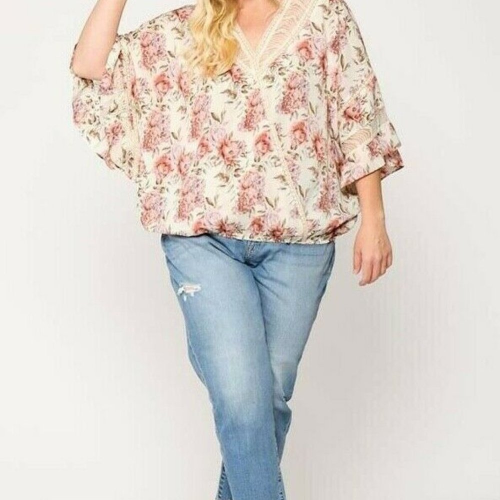 Umgee Cream Floral Lace-Trim V-Neck Blouse